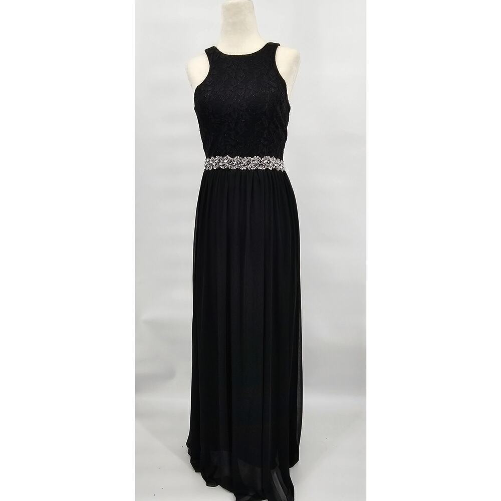 Xtraordinary Junior's 1 Black Lace Top Beaded Waist Formal Maxi Dress